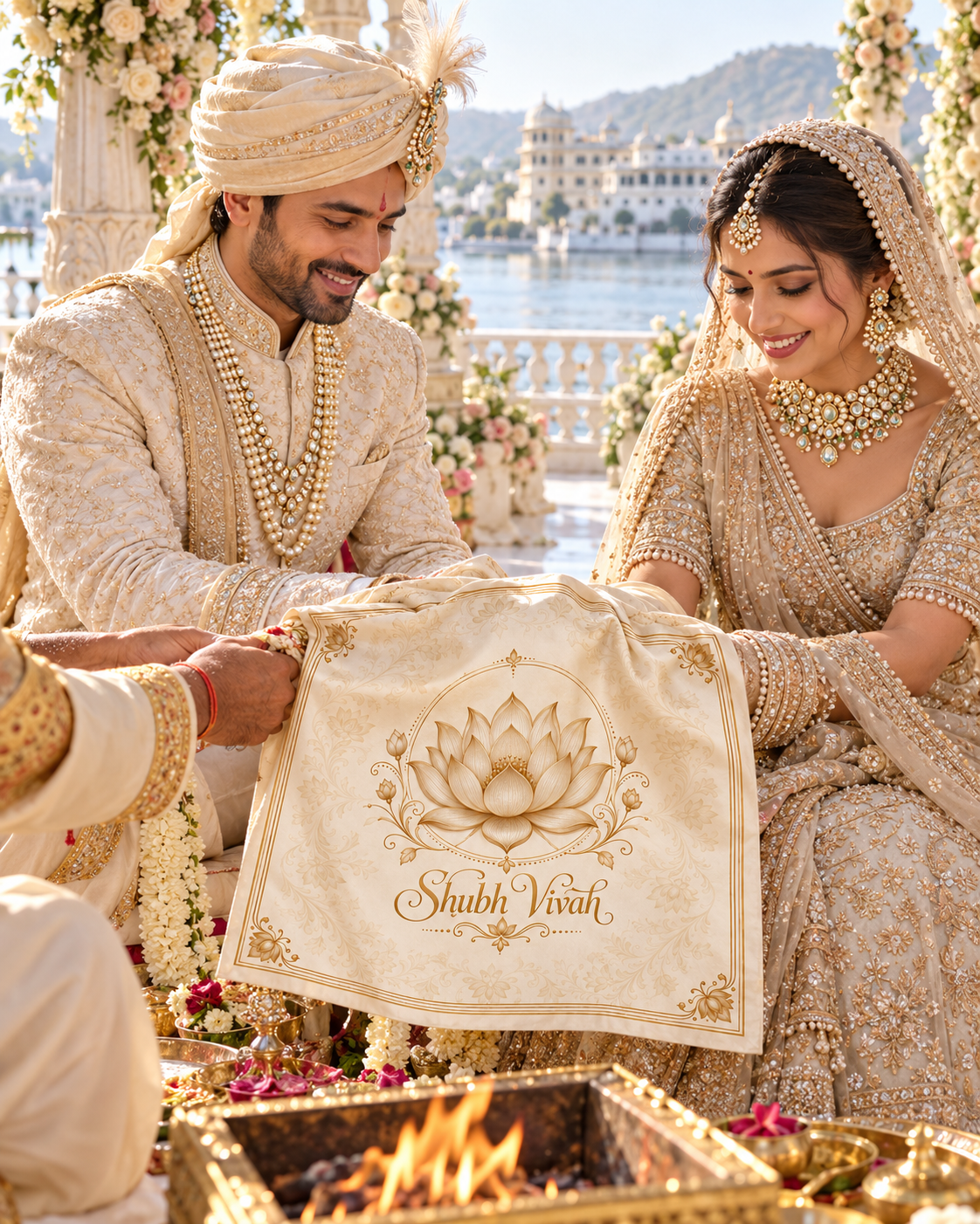 RUM-005-01 Ivory Gold Lotus Minimal Luxury Wedding Rumal wedding ceremony lifestyle visual