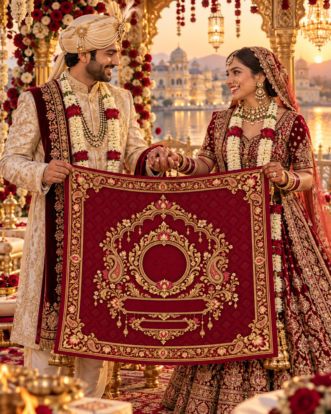 RUM-006-01 Royal Maroon Gold Customised Wedding Hastmelap Rumal wedding ceremony lifestyle visual