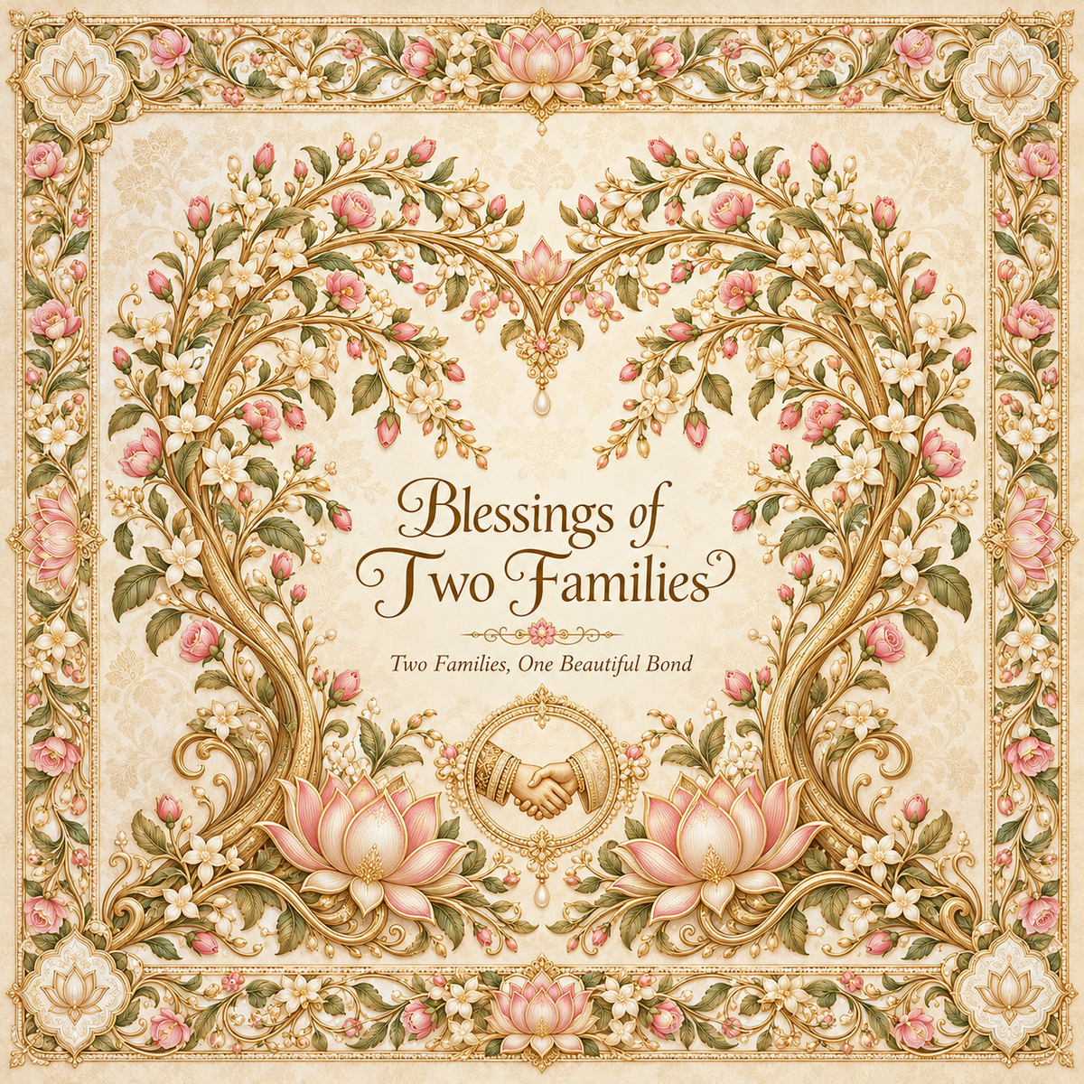 RUM-009-01 ivory gold pink floral Blessings of Two Families flat wedding rumal print artwork
