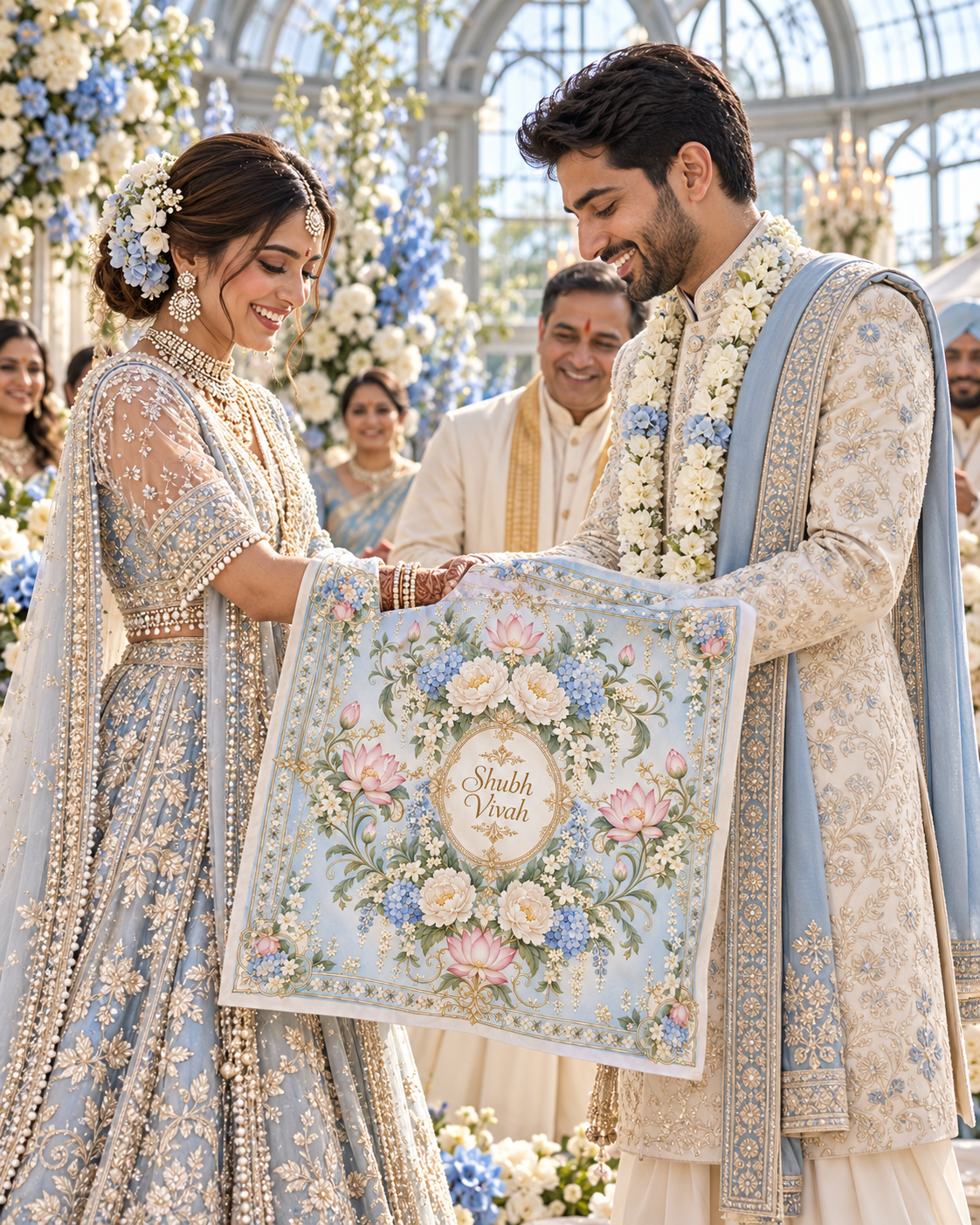 RUM-010-03 Powder Blue Hydrangea Shubh Vivah illustrative wedding ceremony visual showing design in use