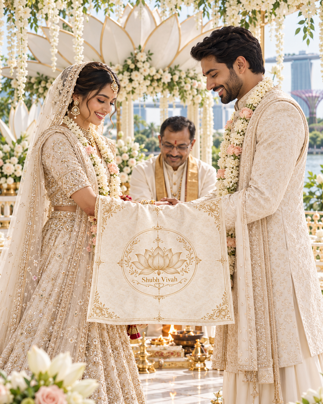 RUM-010-04 Minimal Ivory Gold Lotus Shubh Vivah illustrative wedding ceremony visual showing design in use