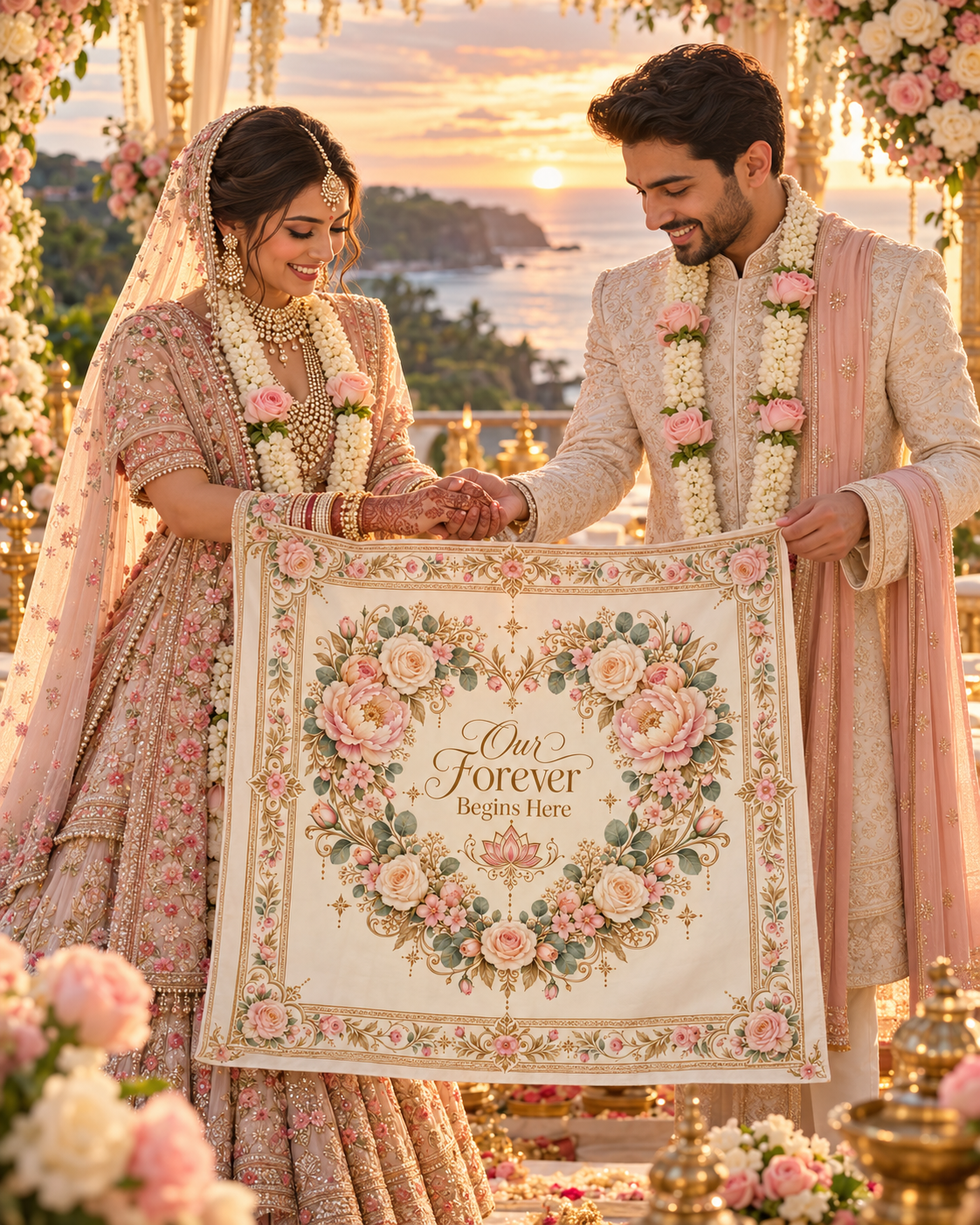 RUM-010-06 Blush Floral Our Forever Begins Here illustrative wedding ceremony visual showing design in use