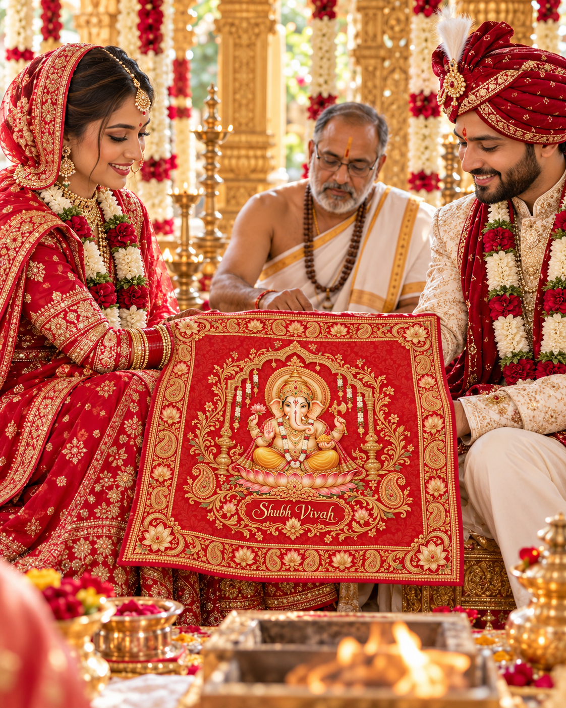 Red Gold Ganesha Shubh Vivah Rumal shown during a wedding ceremony