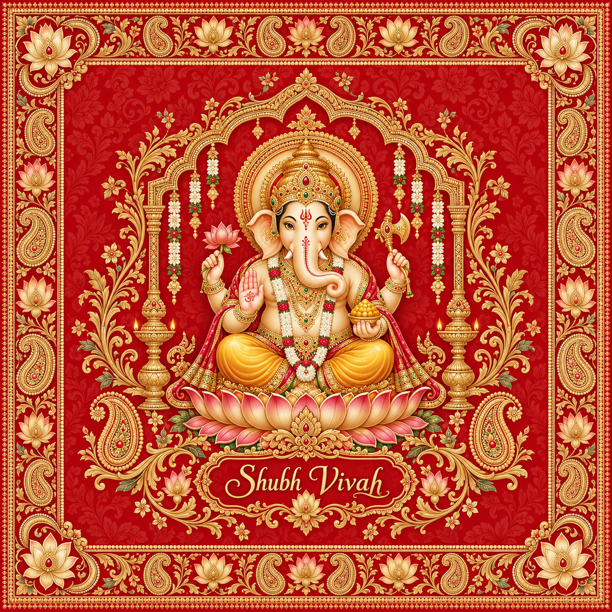 Red Gold Ganesha Shubh Vivah Rumal design