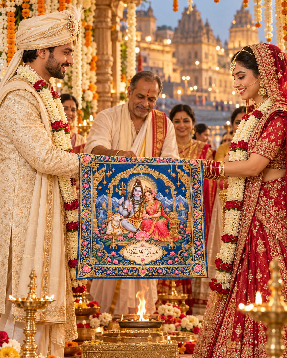 Royal Blue Shiv Parvati Shubh Vivah Rumal shown during a wedding ceremony