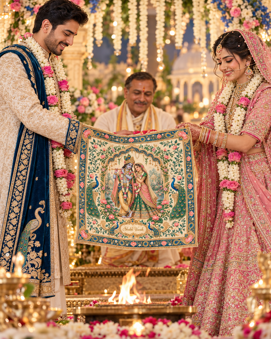 Ivory Radha Krishna Peacock Shubh Vivah Rumal shown during a wedding ceremony