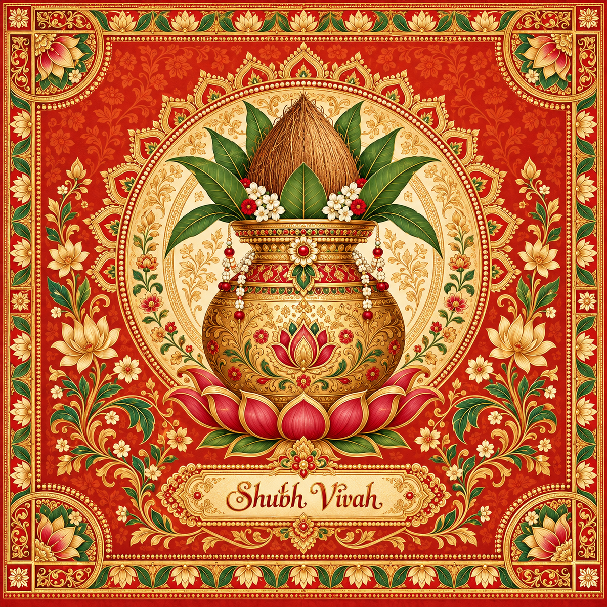 Orange Gold Kalash Shubh Vivah Rumal design