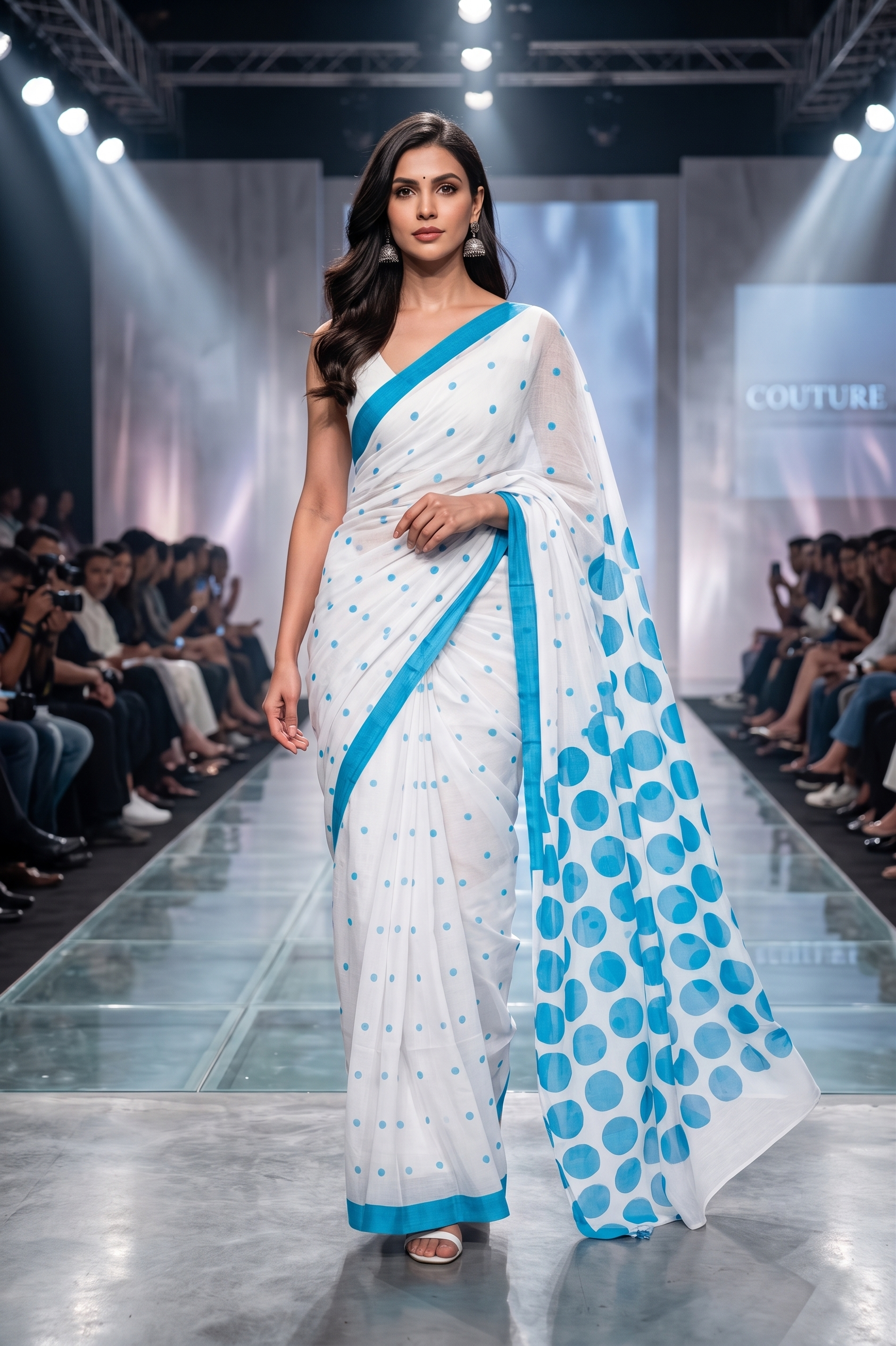 White Blue Polka Cotton Linen Saree with Contrast Border Magnite (SE-1064)