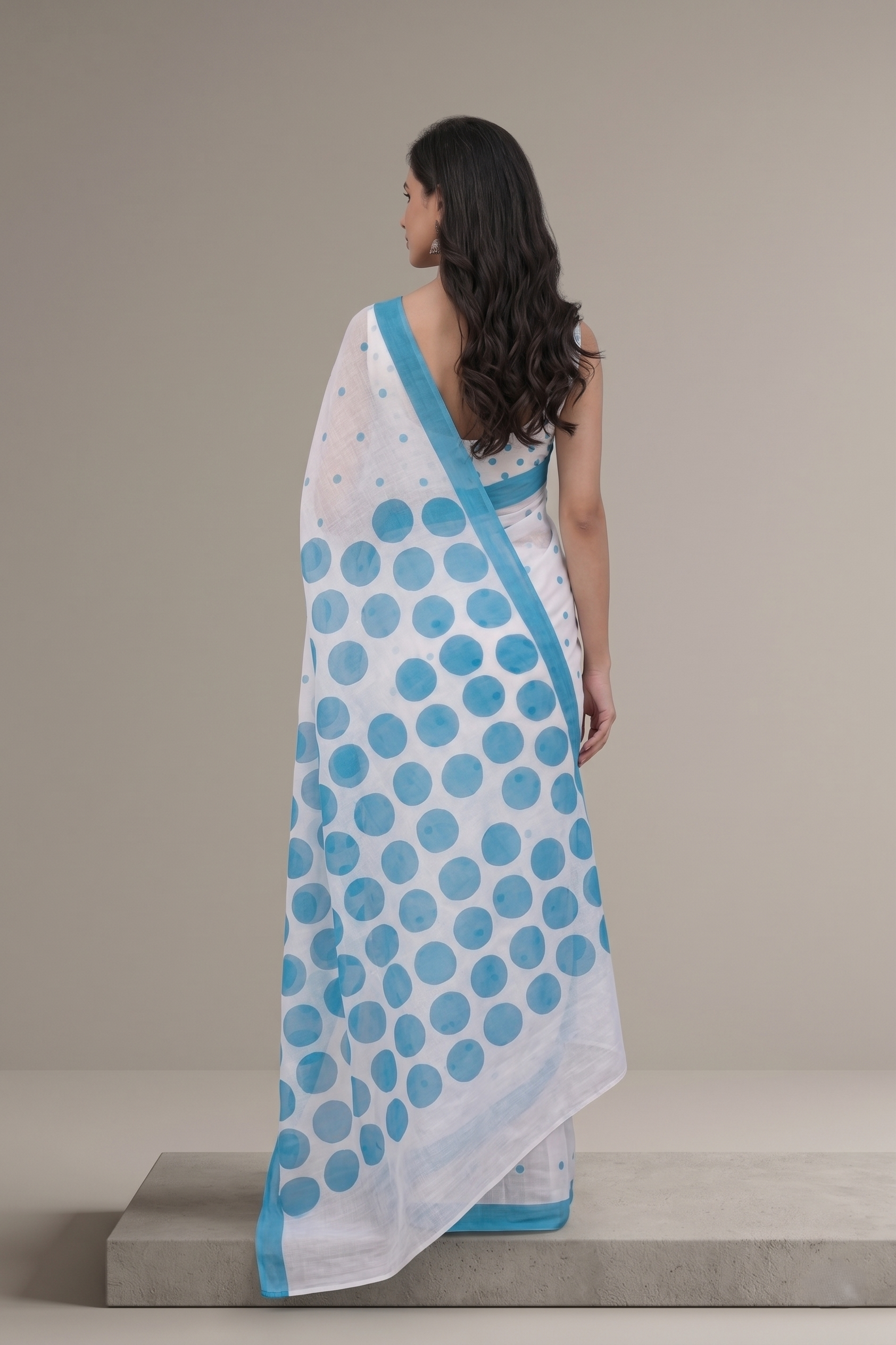 White Blue Polka Cotton Linen Saree with Contrast Border Magnite (SE-1064)