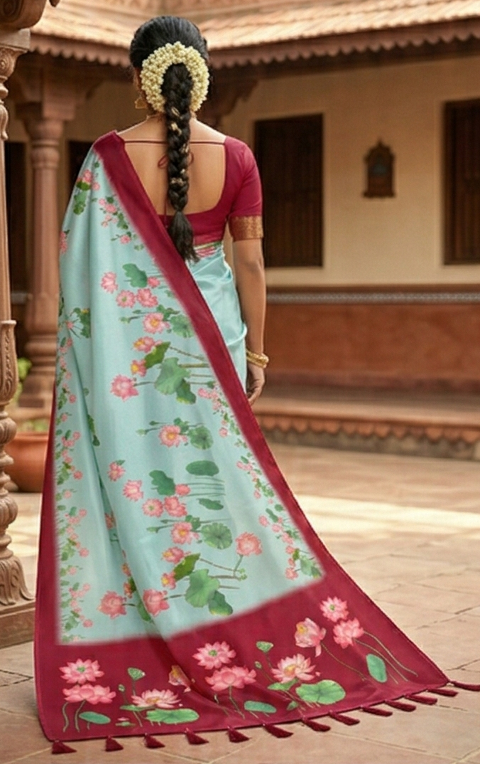 Premium Cotton Linen Saree with Floral Lotus Print & Contrast Maroon Border | Soft Cotton Linen Saree with Unstitched Blouse Piece for Women – Magnite (SE-1089-Cotton Lilen)