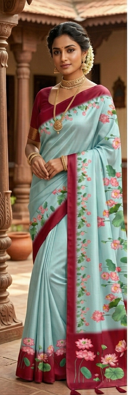 Premium Cotton Linen Saree with Floral Lotus Print & Contrast Maroon Border | Soft Cotton Linen Saree with Unstitched Blouse Piece for Women – Magnite (SE-1089-Cotton Lilen)
