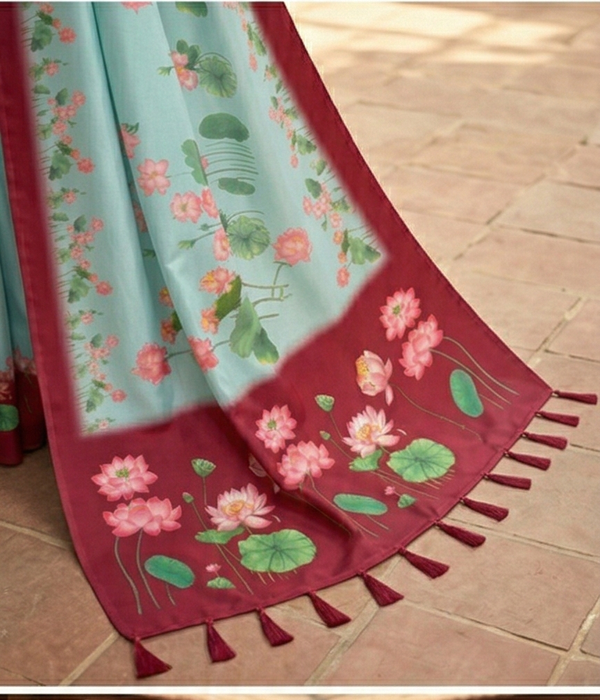 Premium Cotton Linen Saree with Floral Lotus Print & Contrast Maroon Border | Soft Cotton Linen Saree with Unstitched Blouse Piece for Women – Magnite (SE-1089-Cotton Lilen)
