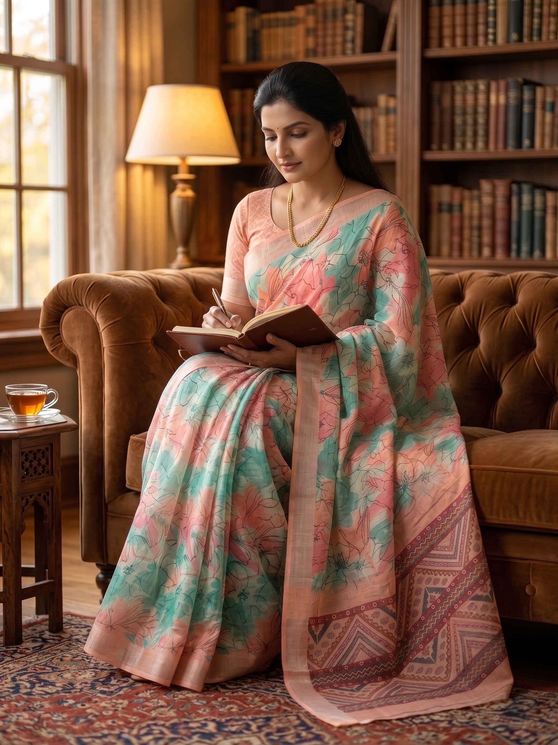 Peach Green Floral Cotton Linen Saree with Printed Border Magnite (SE-1066)
