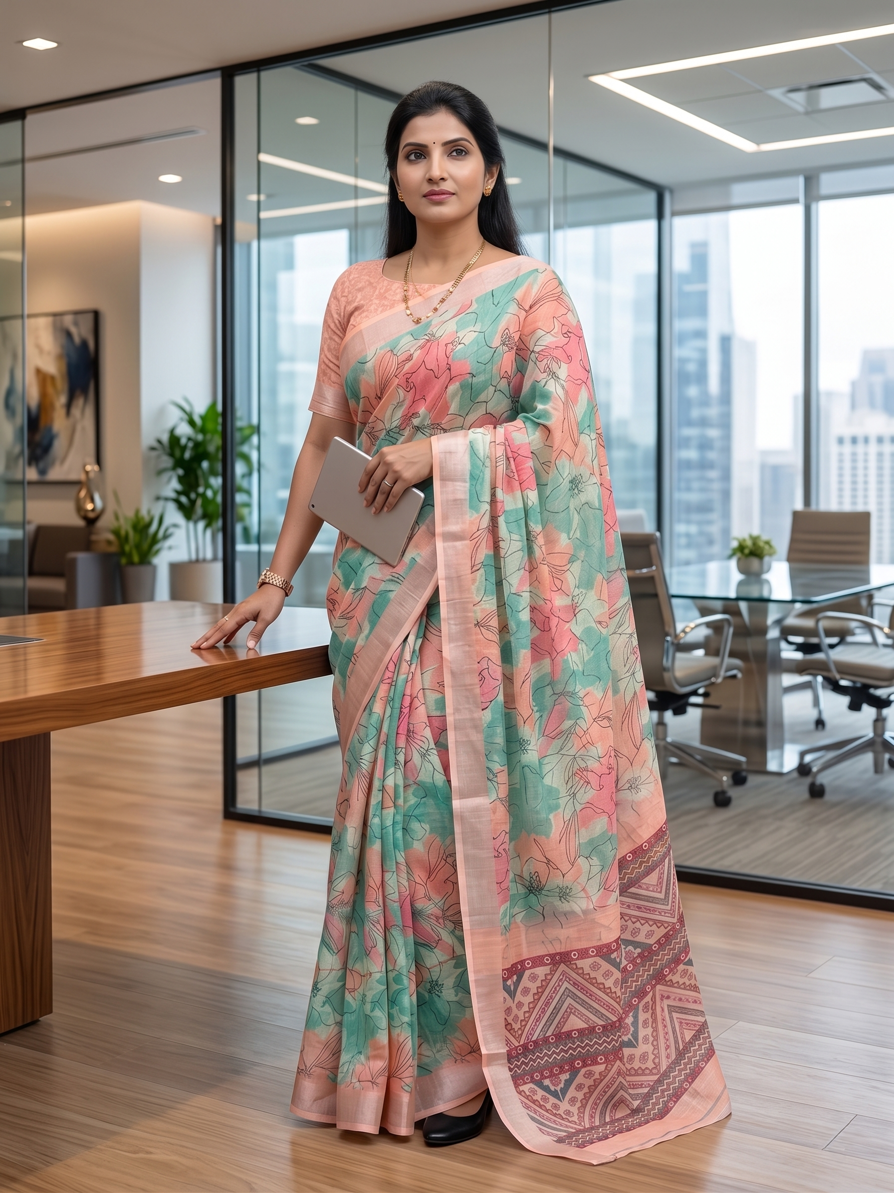 Peach Green Floral Cotton Linen Saree with Printed Border Magnite (SE-1066)
