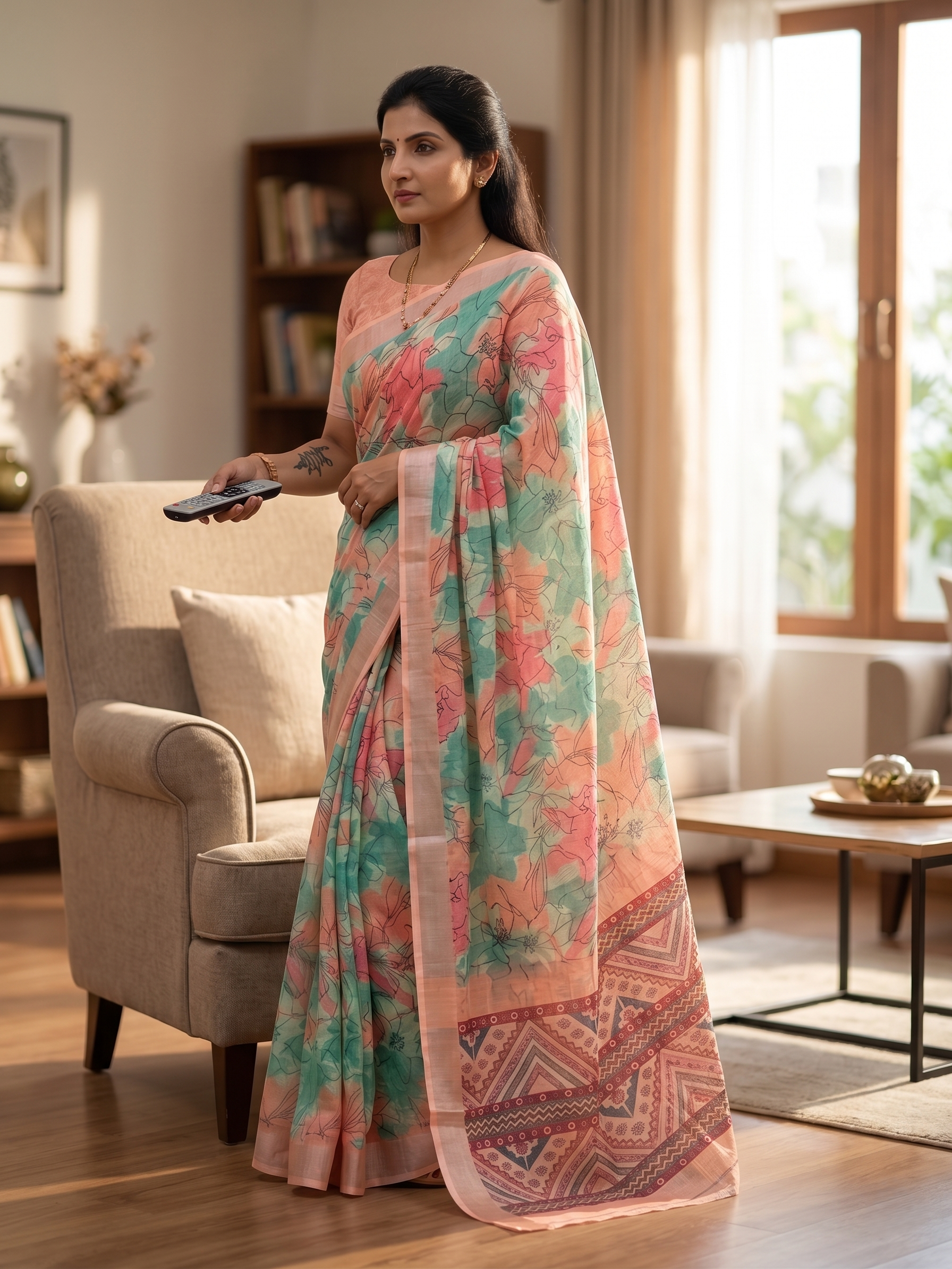 Peach Green Floral Cotton Linen Saree with Printed Border Magnite (SE-1066)
