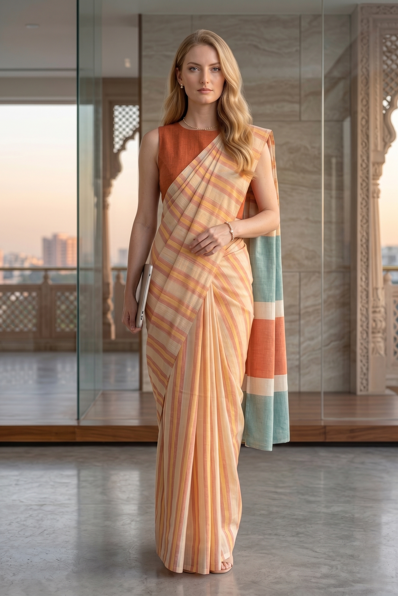 Peach Orange Striped Cotton Linen Saree with Contrast Pallu Magnite (SE-1067)