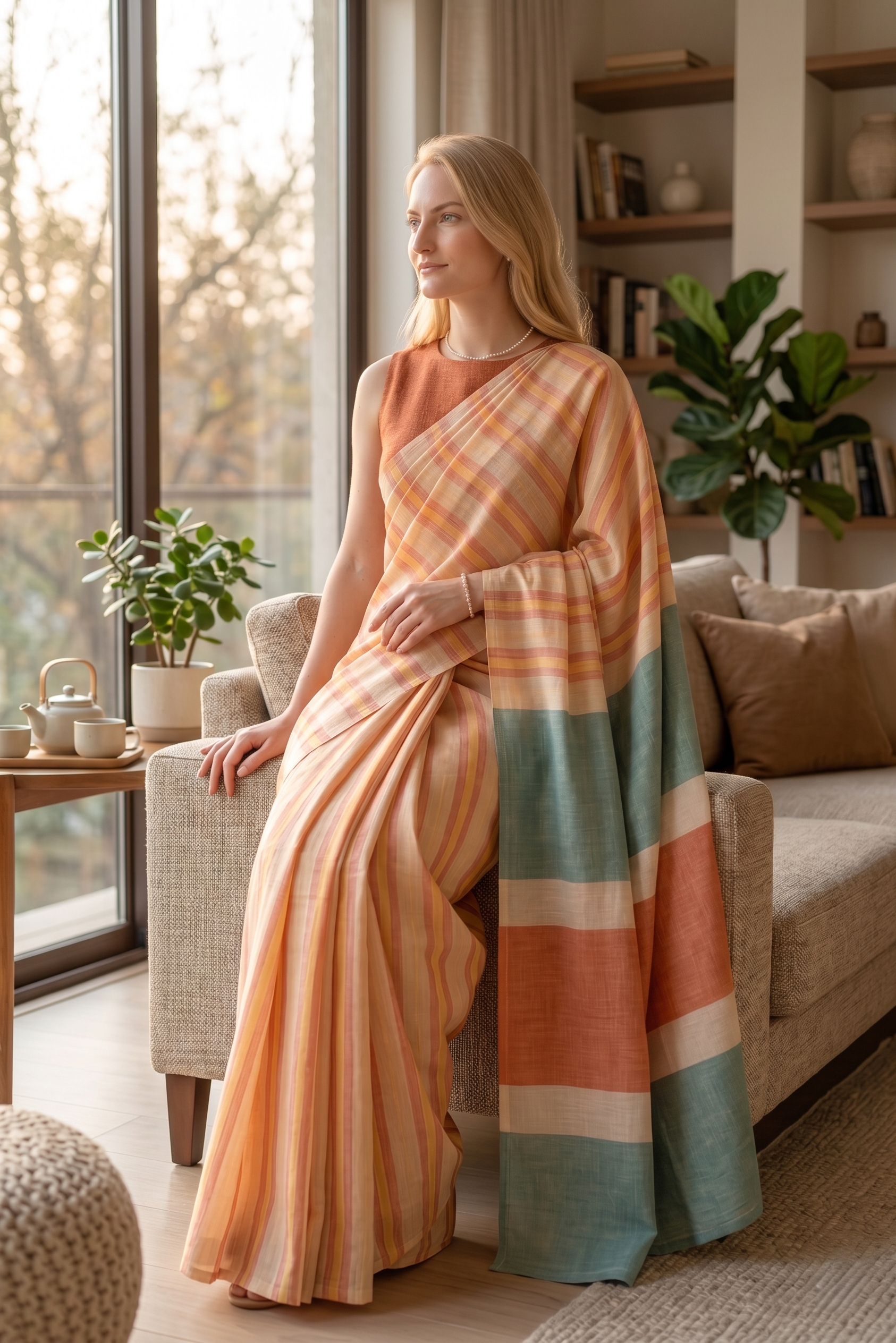 Peach Orange Striped Cotton Linen Saree with Contrast Pallu Magnite (SE-1067)