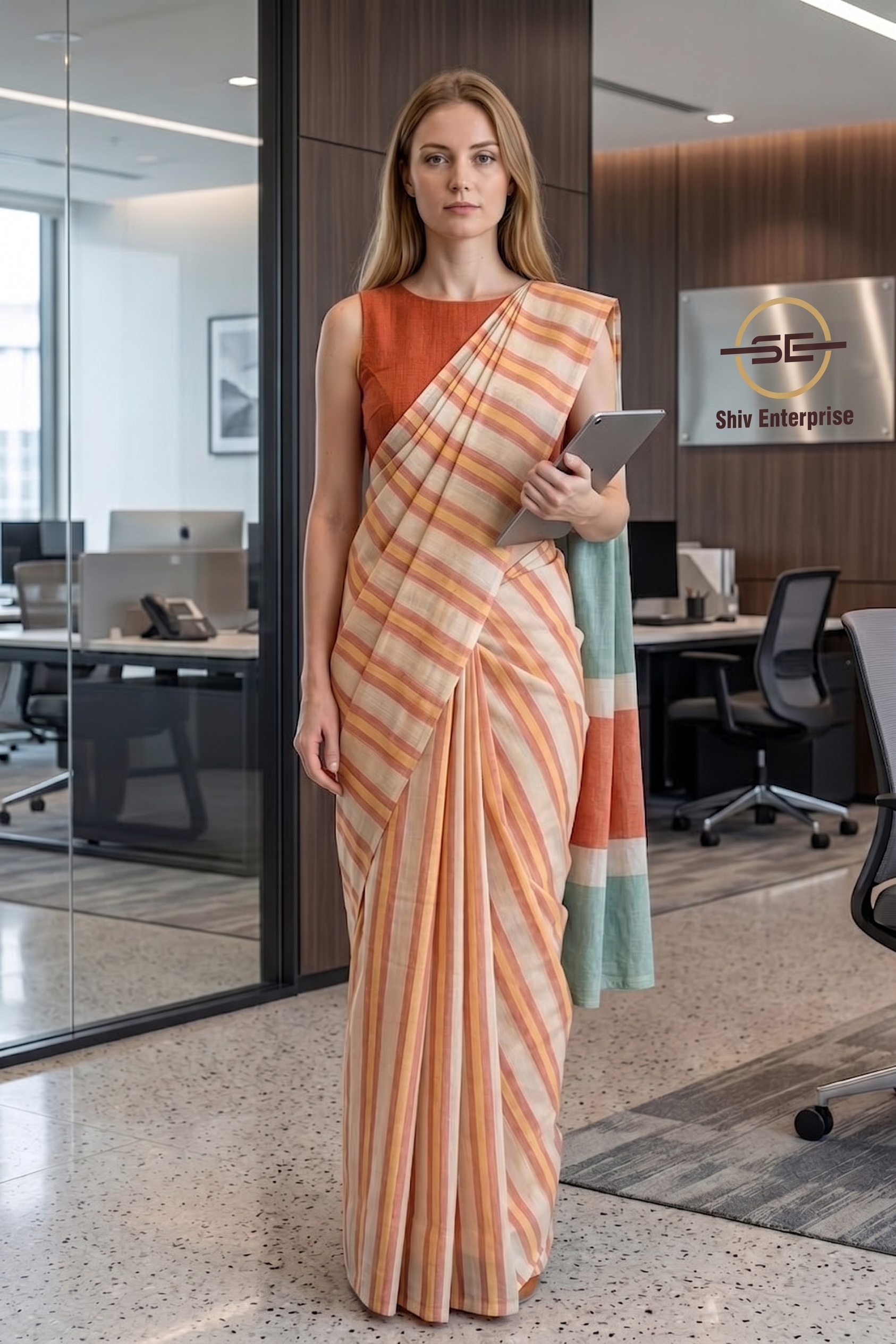 Peach Orange Striped Cotton Linen Saree with Contrast Pallu Magnite (SE-1067)
