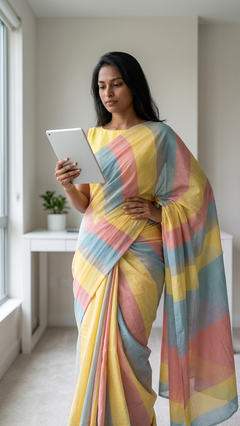 Pastel Multicolor Striped Cotton Linen Saree with Contrast Pallu – Magnite (SE-1068)