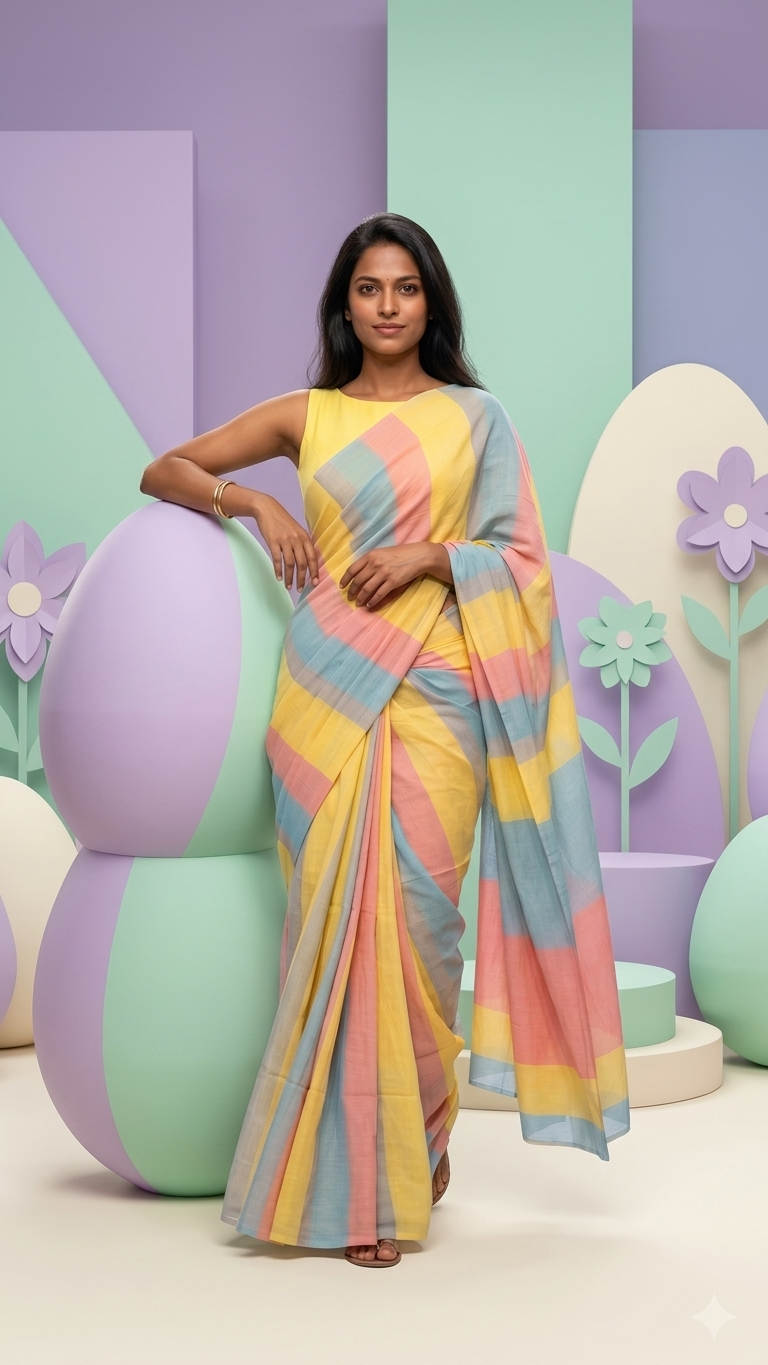 Pastel Multicolor Striped Cotton Linen Saree with Contrast Pallu – Magnite (SE-1068)