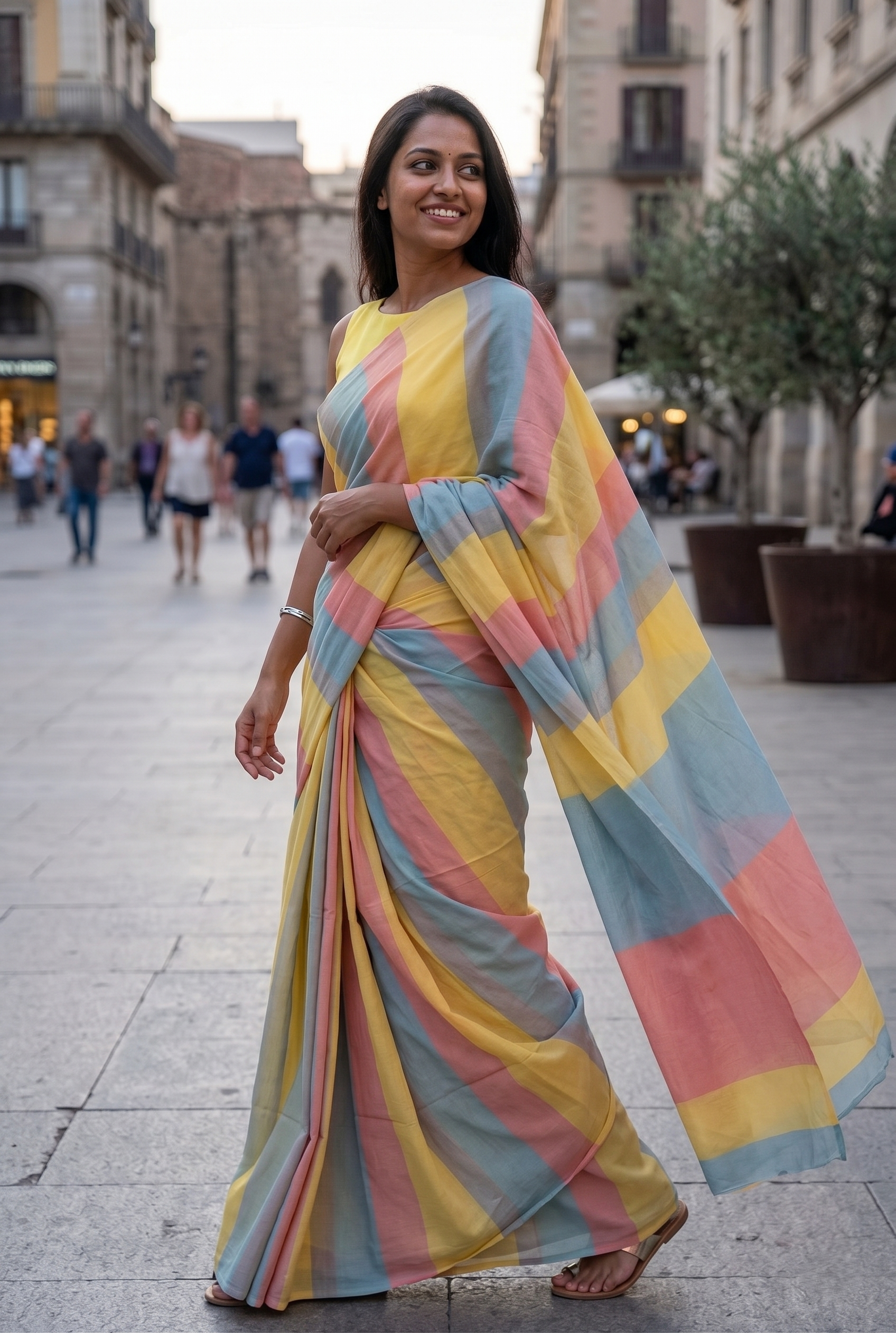 Pastel Multicolor Striped Cotton Linen Saree with Contrast Pallu – Magnite (SE-1068)