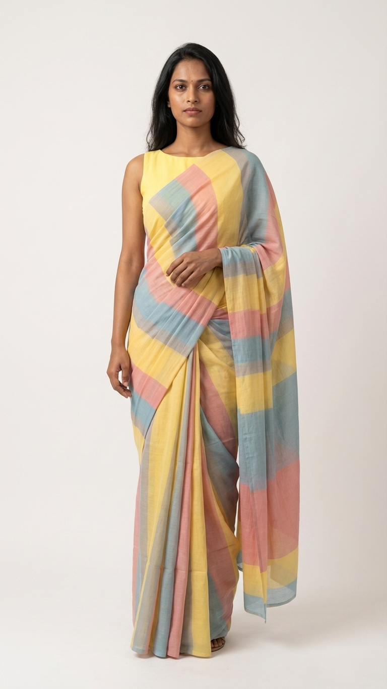 Pastel Multicolor Striped Cotton Linen Saree with Contrast Pallu – Magnite (SE-1068)
