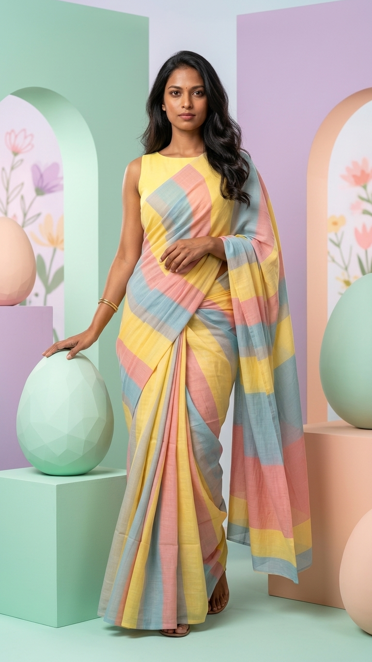 Pastel Multicolor Striped Cotton Linen Saree with Contrast Pallu – Magnite (SE-1068)