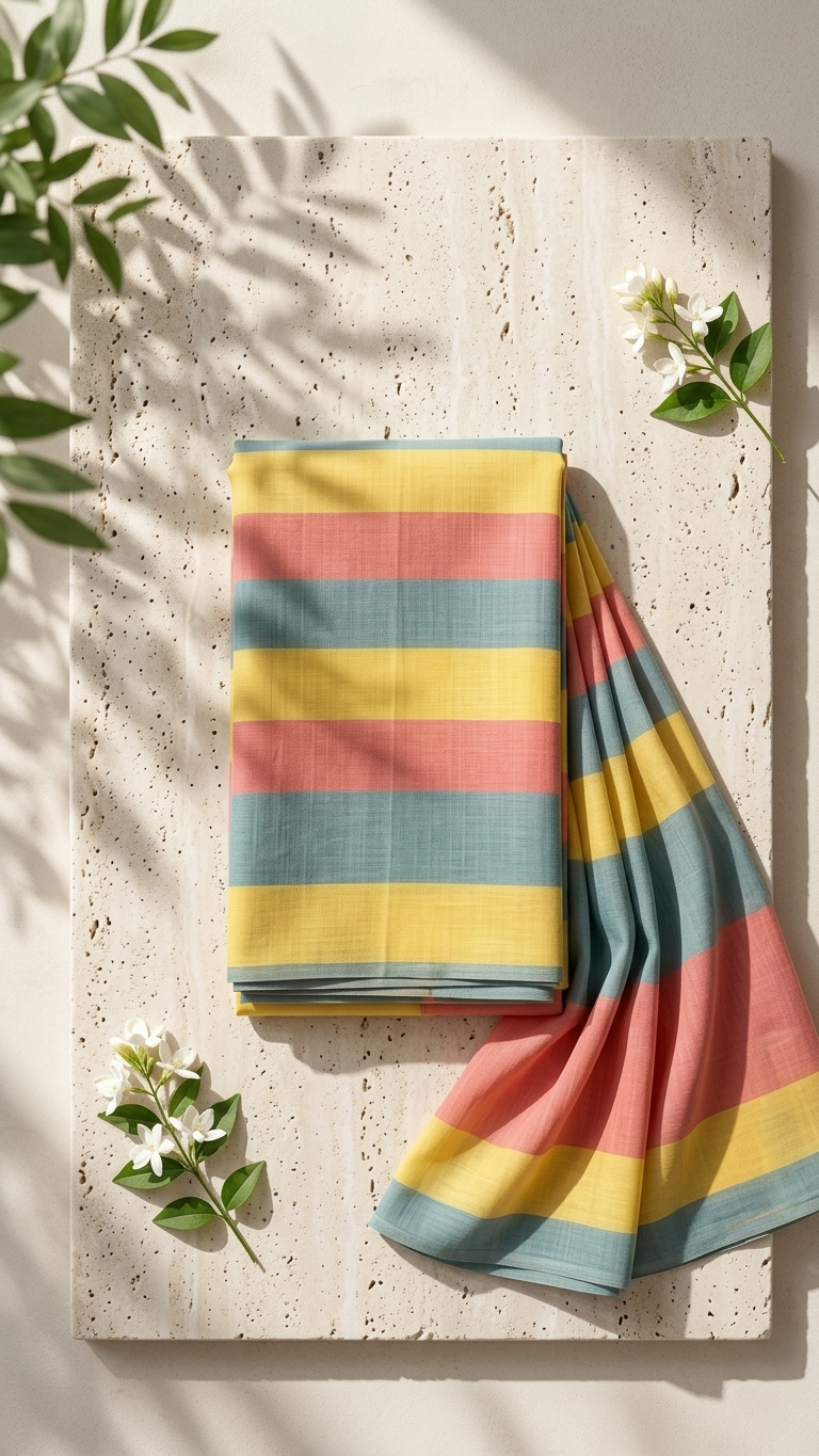 Pastel Multicolor Striped Cotton Linen Saree with Contrast Pallu – Magnite (SE-1068)