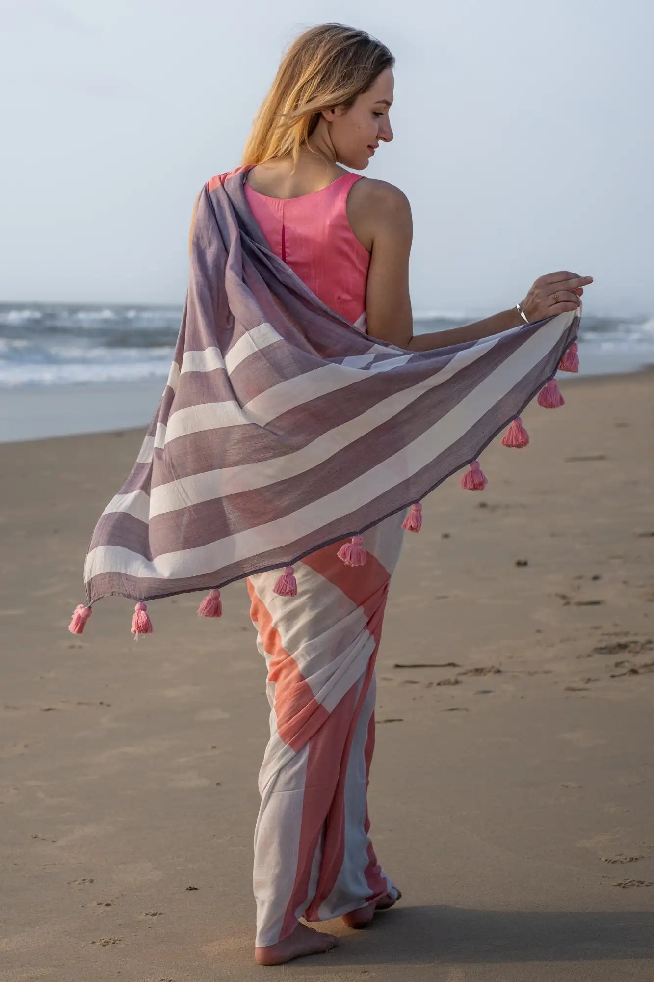 Pink White Stripe Cotton Linen Saree with Tassel Pallu Magnite (SE-1069-Cotton Lilen)