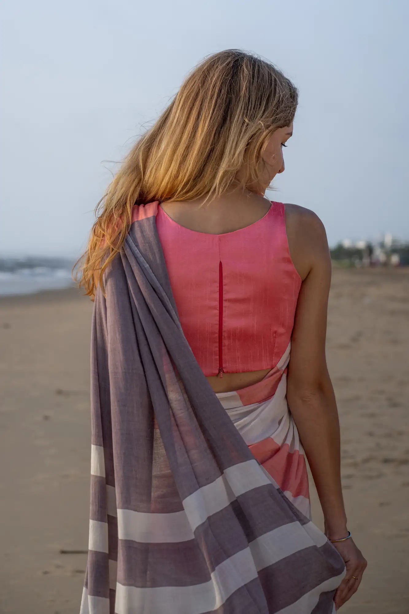 Pink White Stripe Cotton Linen Saree with Tassel Pallu Magnite (SE-1069-Cotton Lilen)