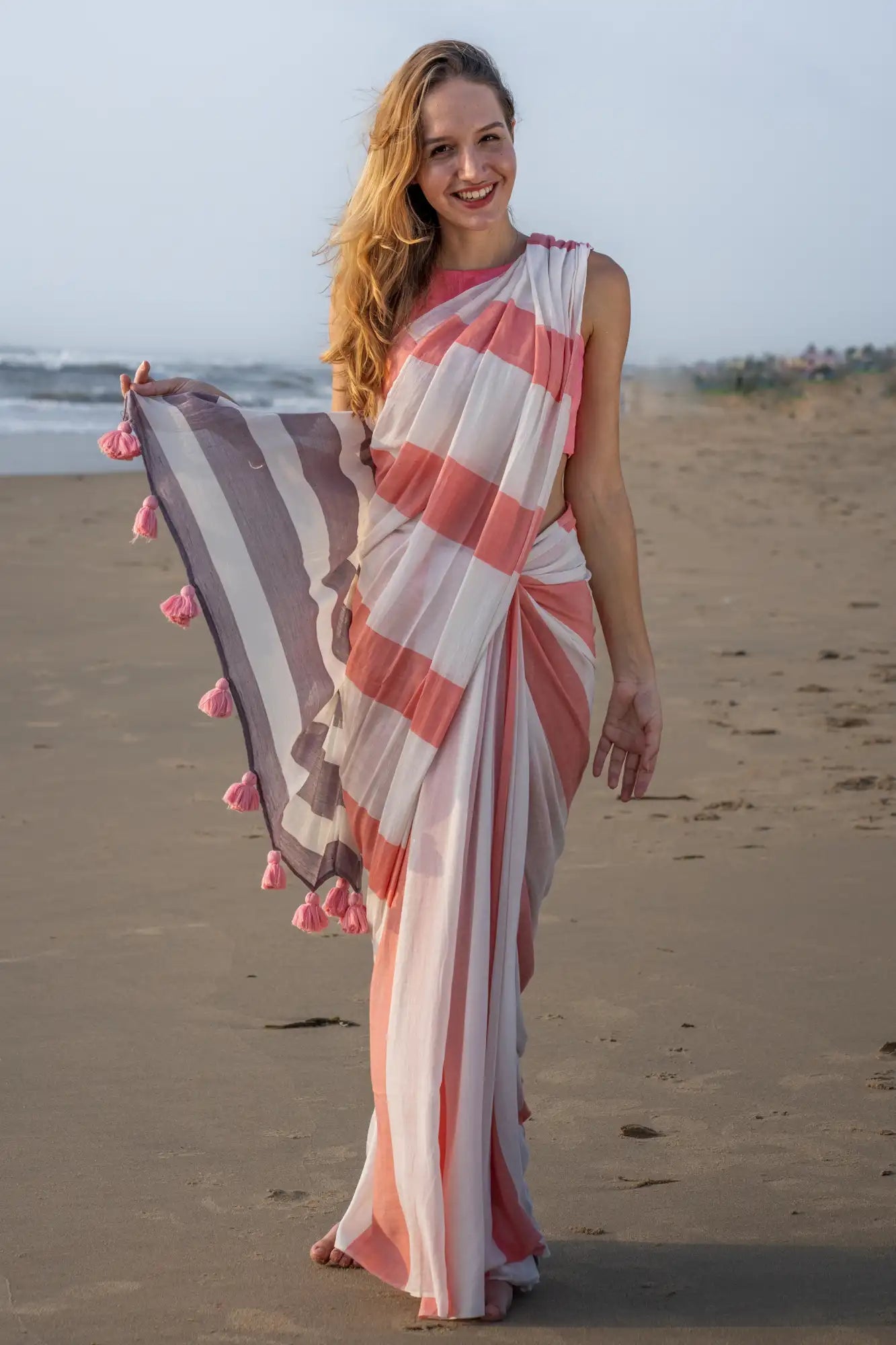 Pink White Stripe Cotton Linen Saree with Tassel Pallu Magnite (SE-1069-Cotton Lilen)