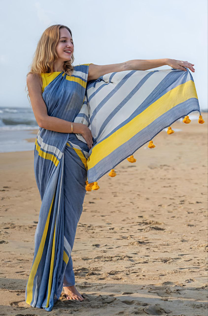 Blue Yellow Stripe Cotton Linen Saree with Tassel Pallu -Magnite (SE-1070-Cotton Lilen)