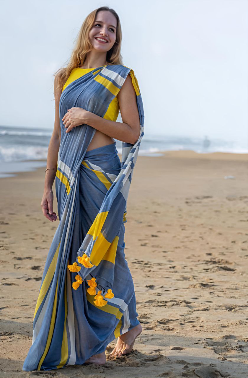 Blue Yellow Stripe Cotton Linen Saree with Tassel Pallu -Magnite (SE-1070-Cotton Lilen)