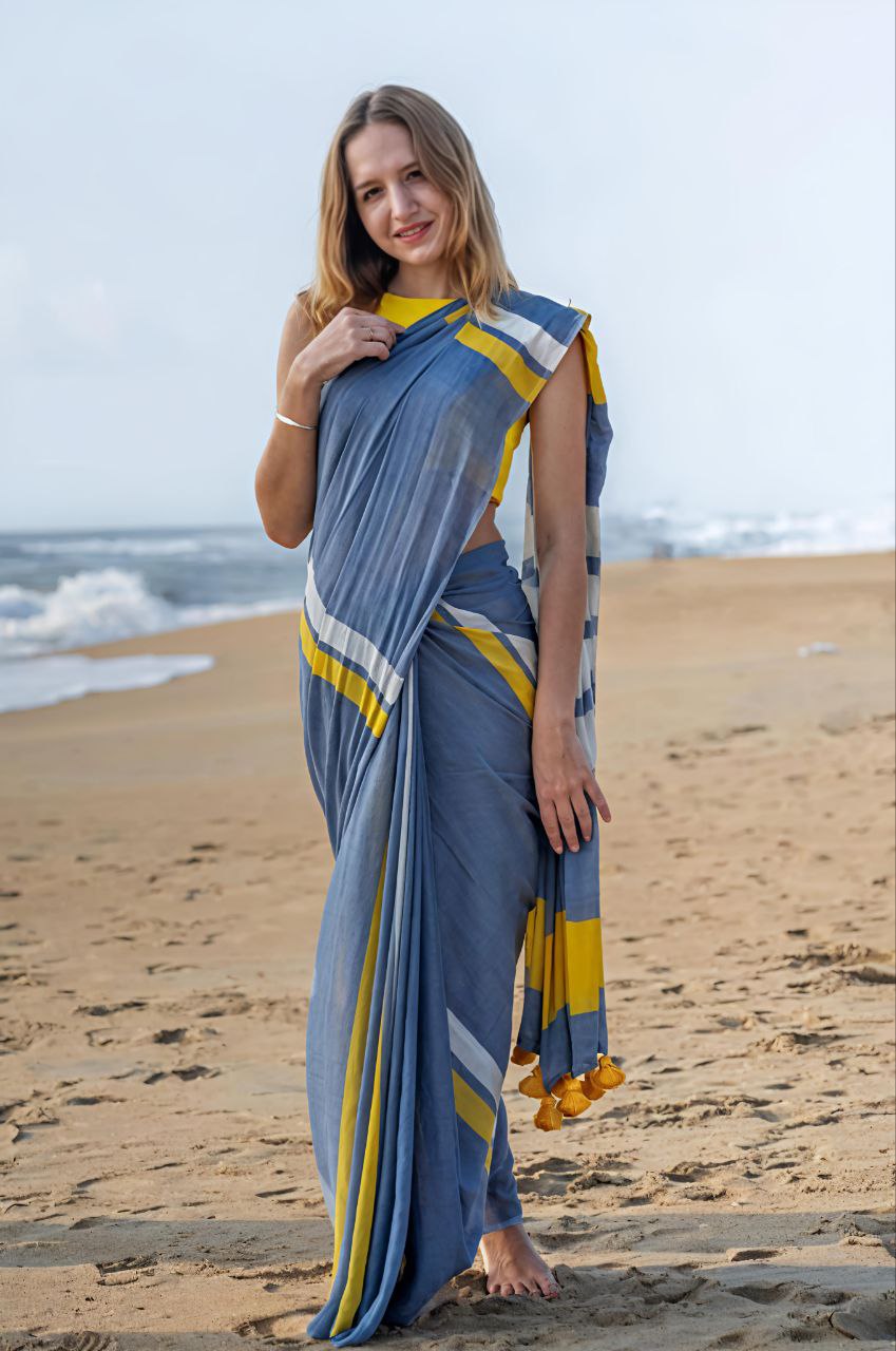 Blue Yellow Stripe Cotton Linen Saree with Tassel Pallu -Magnite (SE-1070-Cotton Lilen)