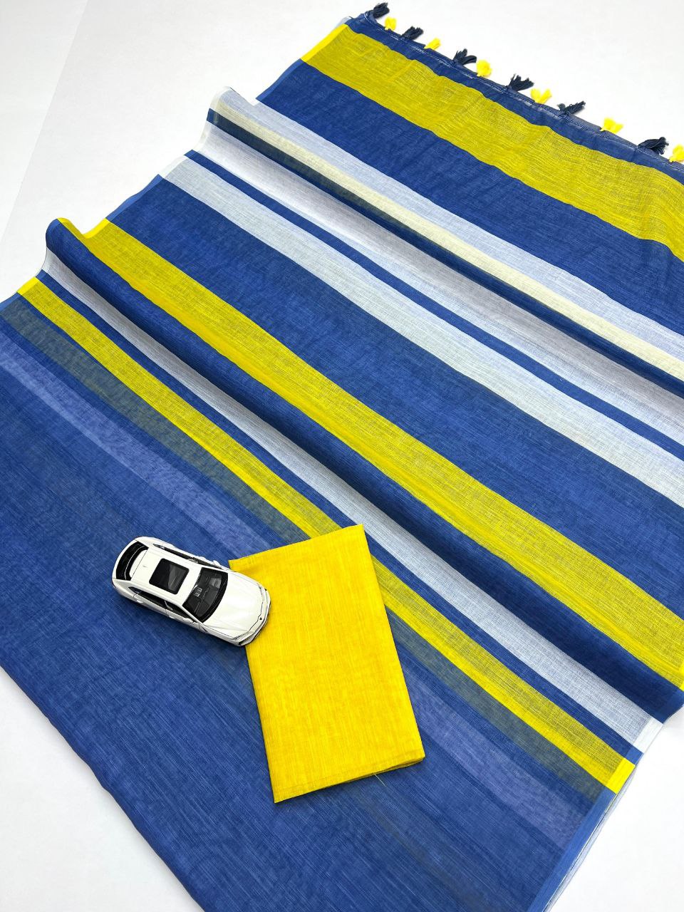 Blue Yellow Stripe Cotton Linen Saree with Tassel Pallu -Magnite (SE-1070-Cotton Lilen)