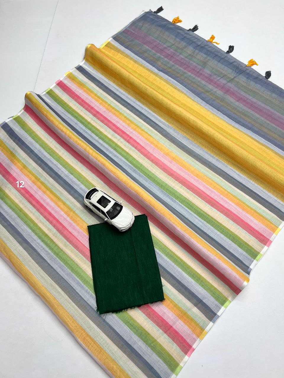 Multicolor Stripe Cotton Linen Saree with Tassel Pallu -Magnite (SE-1071-Cotton Lilen)