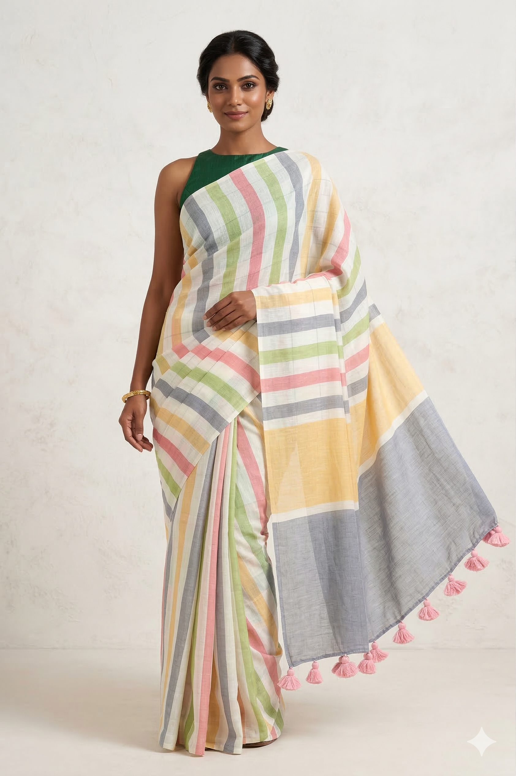 Multicolor Stripe Cotton Linen Saree with Tassel Pallu -Magnite (SE-1071-Cotton Lilen)