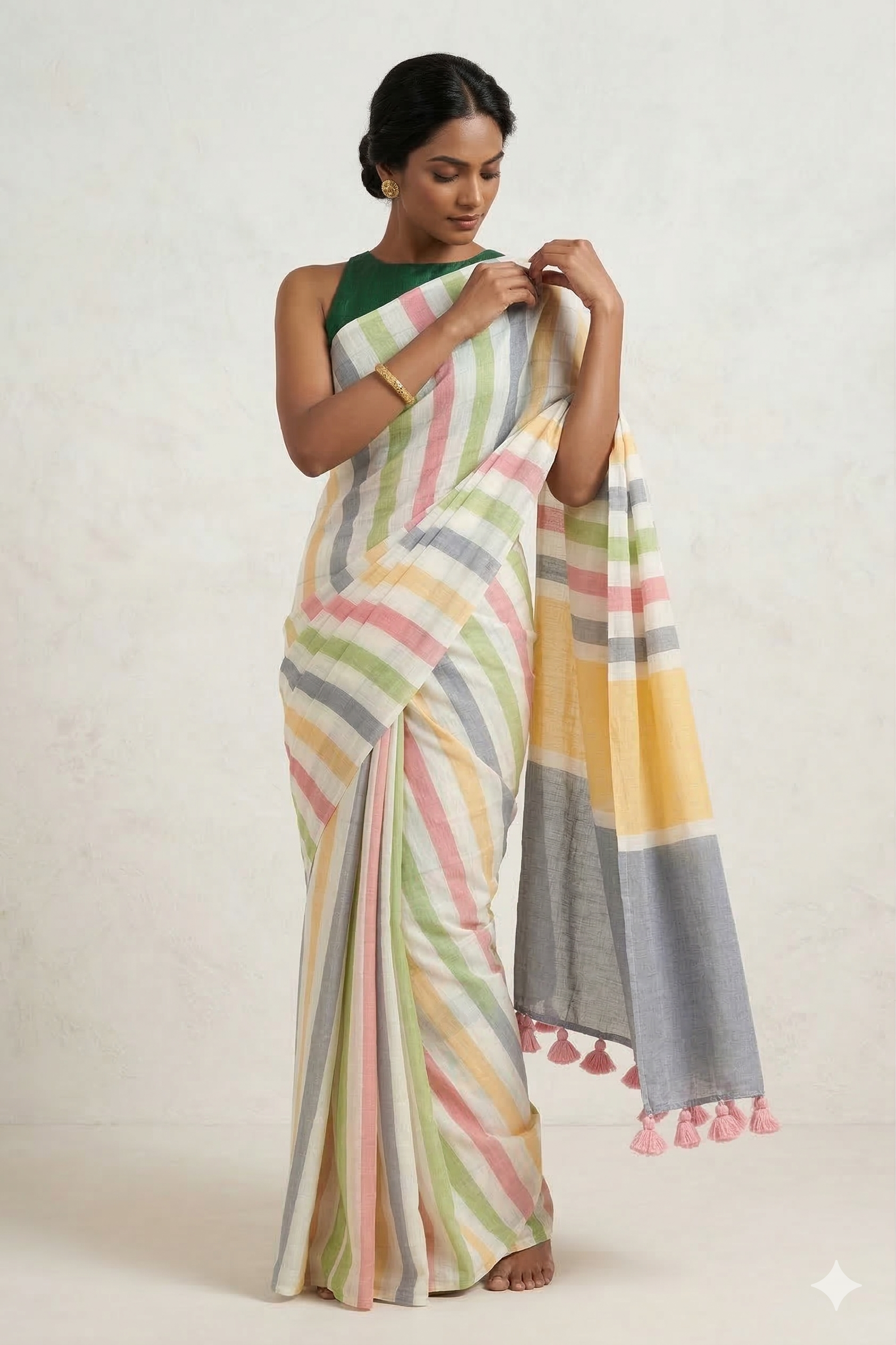 Multicolor Stripe Cotton Linen Saree with Tassel Pallu -Magnite (SE-1071-Cotton Lilen)