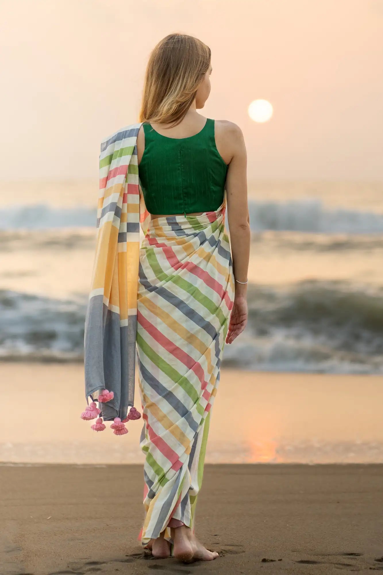 Multicolor Stripe Cotton Linen Saree with Tassel Pallu -Magnite (SE-1071-Cotton Lilen)