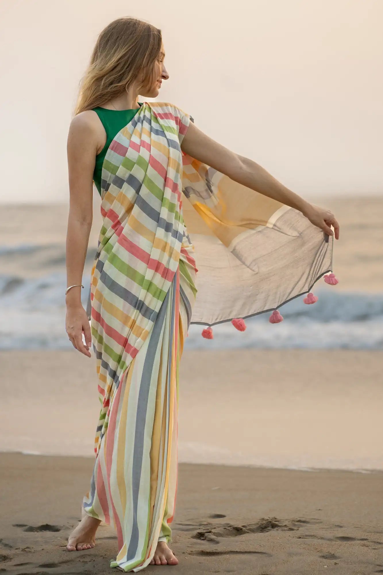 Multicolor Stripe Cotton Linen Saree with Tassel Pallu -Magnite (SE-1071-Cotton Lilen)