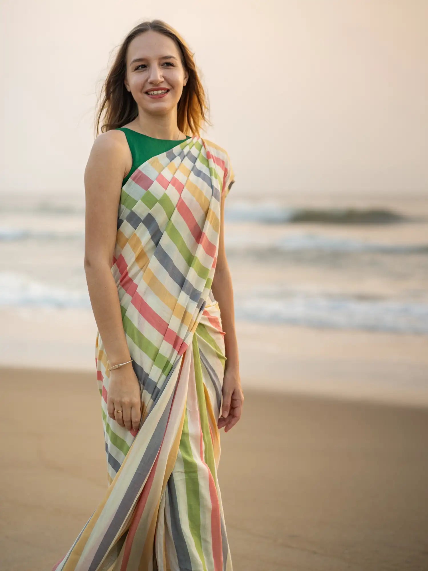 Multicolor Stripe Cotton Linen Saree with Tassel Pallu -Magnite (SE-1071-Cotton Lilen)