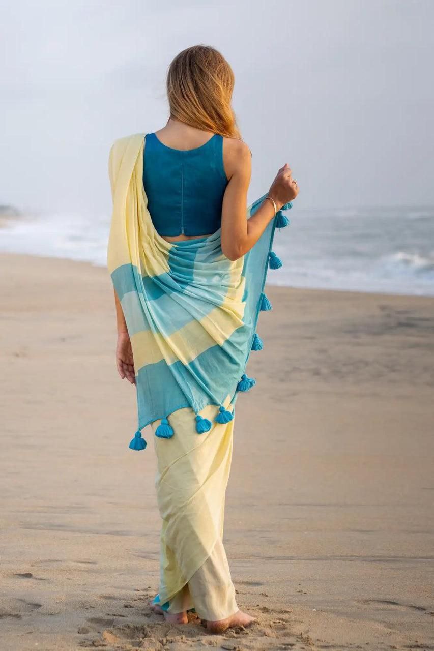 Blue Yellow Stripe Cotton Linen Saree with Tassel Pallu Magnite -Magnite (SE-1072-Cotton Lilen)