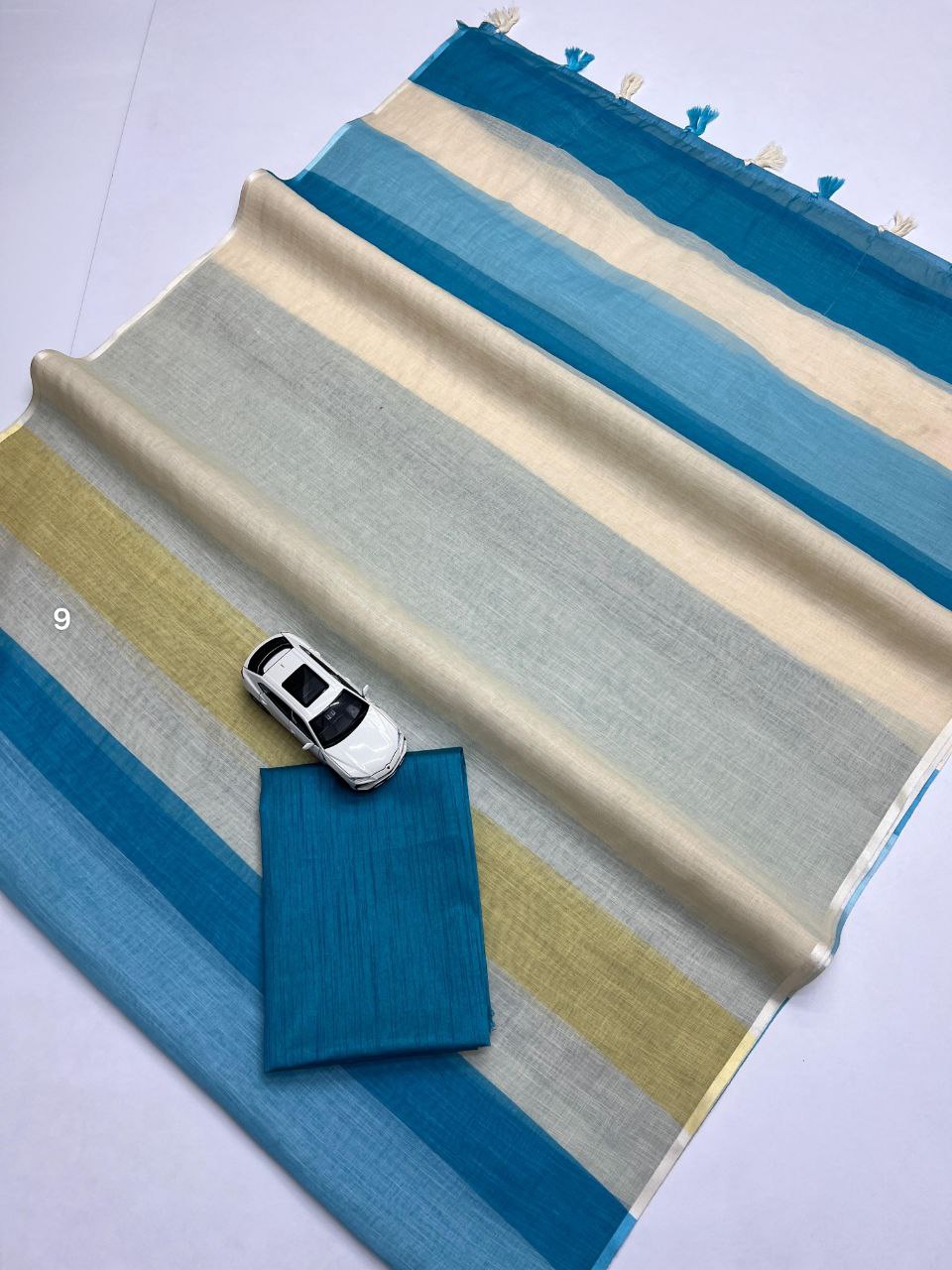 Blue Yellow Stripe Cotton Linen Saree with Tassel Pallu Magnite -Magnite (SE-1072-Cotton Lilen)