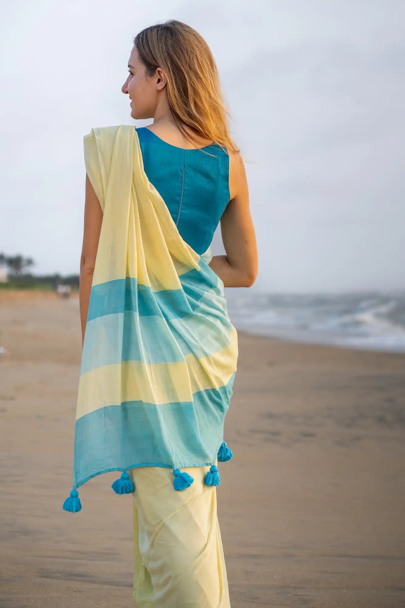 Blue Yellow Stripe Cotton Linen Saree with Tassel Pallu Magnite -Magnite (SE-1072-Cotton Lilen)