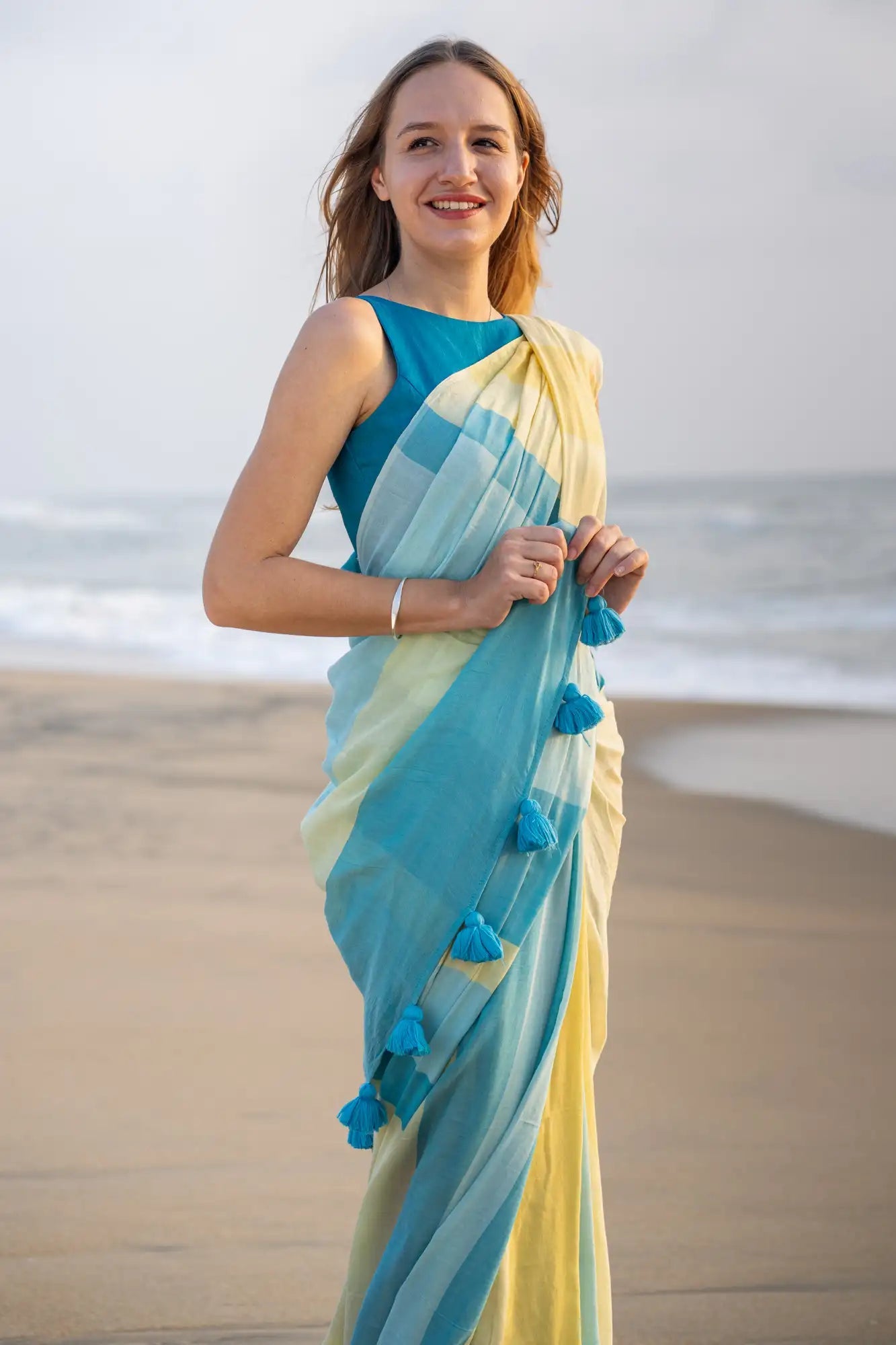Blue Yellow Stripe Cotton Linen Saree with Tassel Pallu Magnite -Magnite (SE-1072-Cotton Lilen)