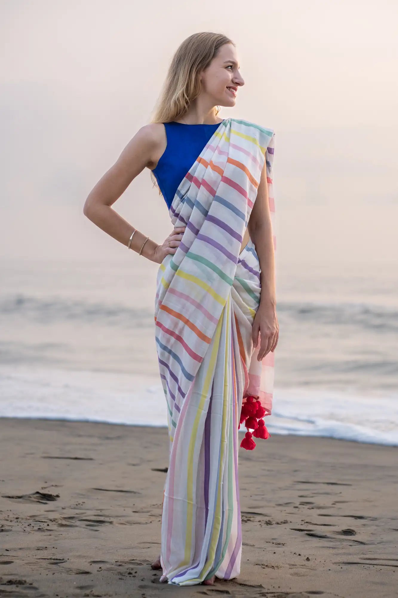 White Multicolor Stripe Cotton Linen Saree with Tassel Pallu Magnite-Magnite (SE-1073-Cotton Lilen)