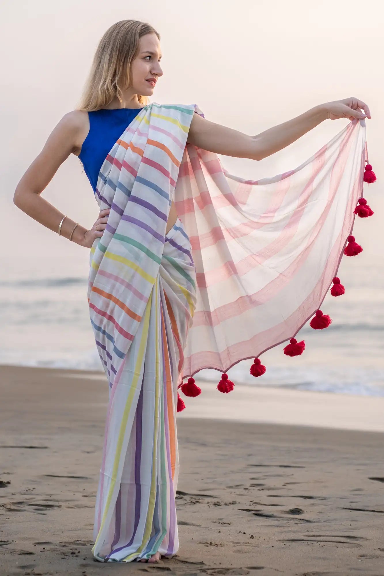 White Multicolor Stripe Cotton Linen Saree with Tassel Pallu Magnite-Magnite (SE-1073-Cotton Lilen)