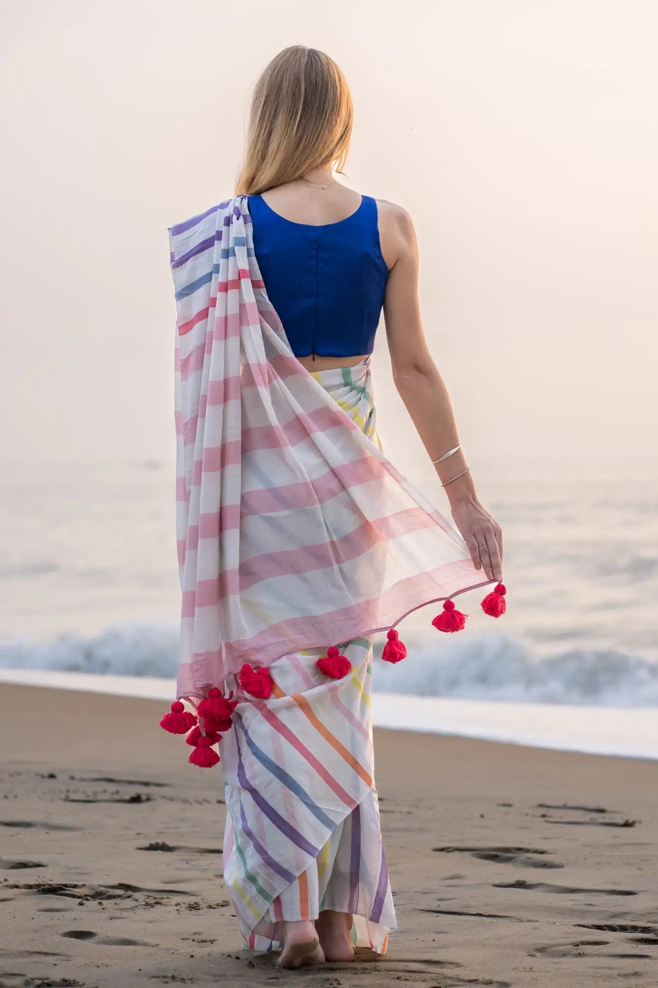 White Multicolor Stripe Cotton Linen Saree with Tassel Pallu Magnite-Magnite (SE-1073-Cotton Lilen)