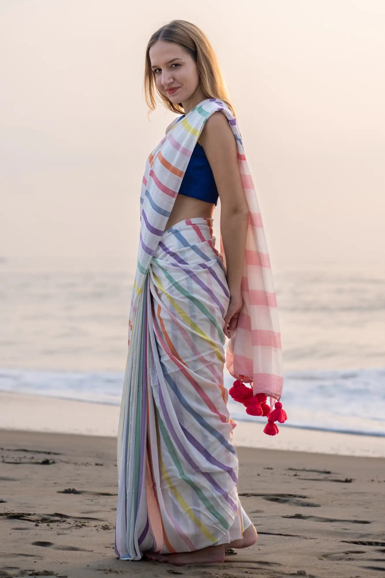 White Multicolor Stripe Cotton Linen Saree with Tassel Pallu Magnite-Magnite (SE-1073-Cotton Lilen)