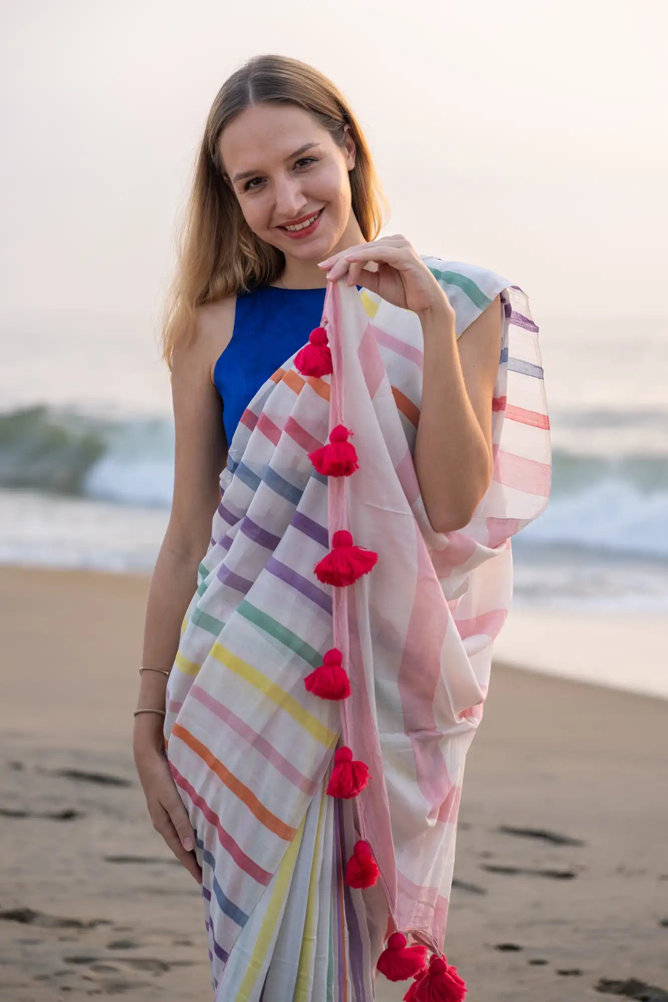 White Multicolor Stripe Cotton Linen Saree with Tassel Pallu Magnite-Magnite (SE-1073-Cotton Lilen)